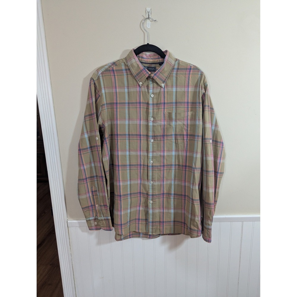 Arrow Mens Plaid Button Down Shirt Tan Blue Pink Long Sleeve Cotton Blend Large